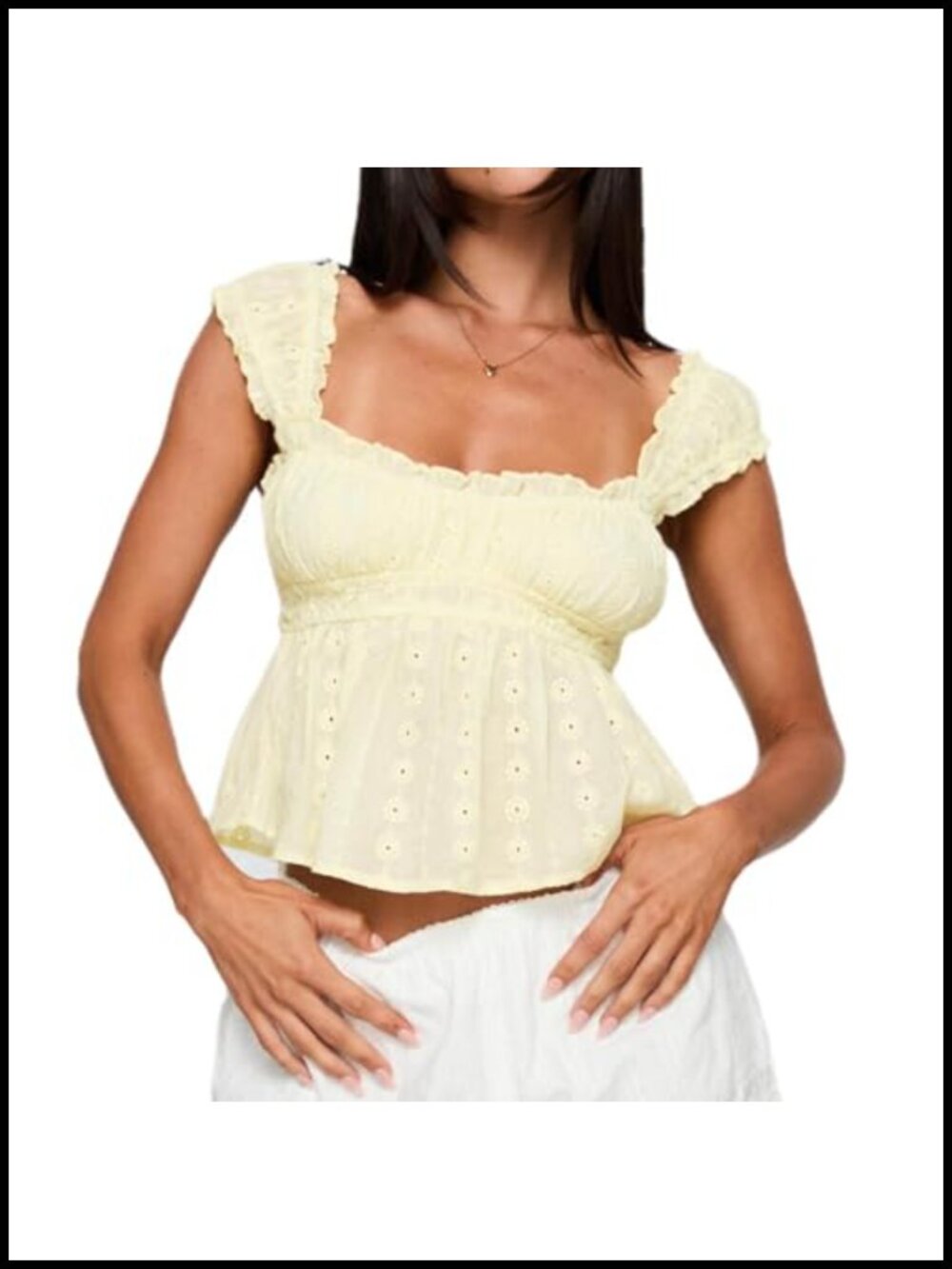 Flowy Ruffle Babydoll Peplum Tank Top Eyelet Lace Square Neck Cap Sleeve Summer